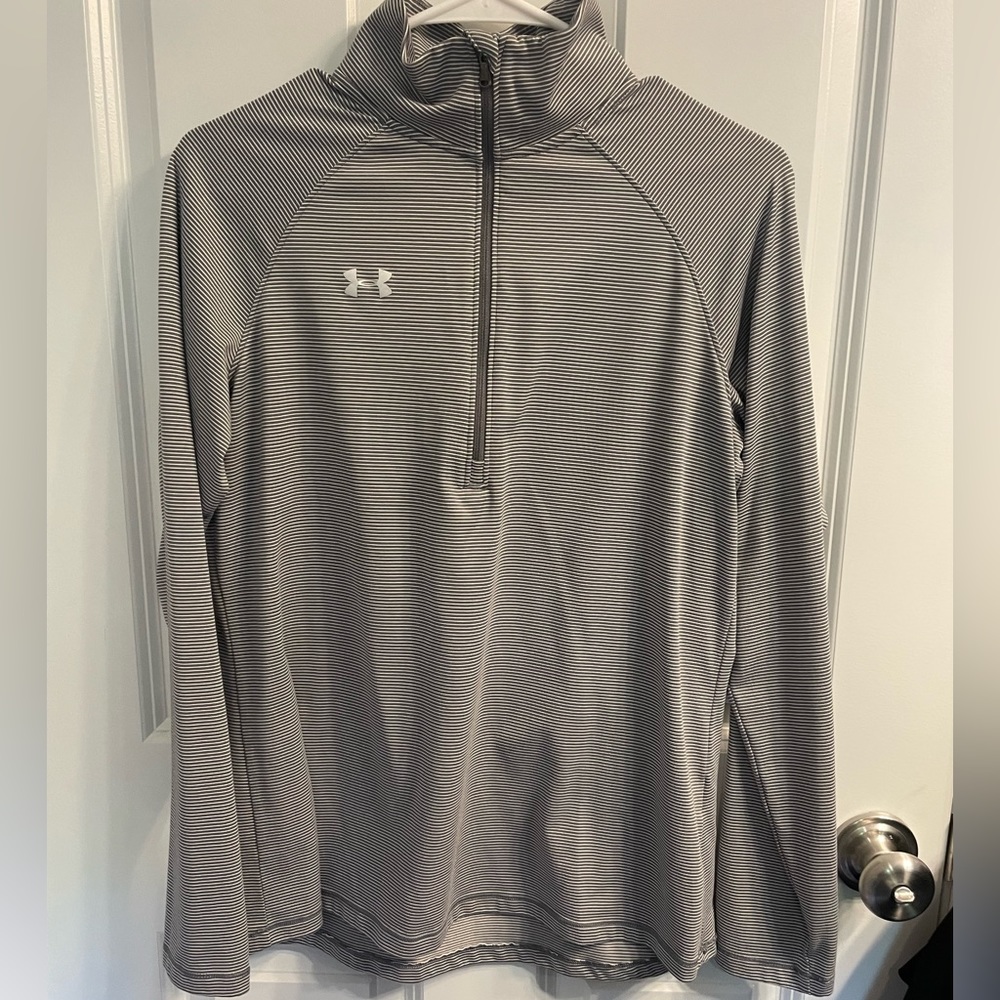 Womens Under Armour 1/4 zip shirt. grey stripe. Size medium. Like new